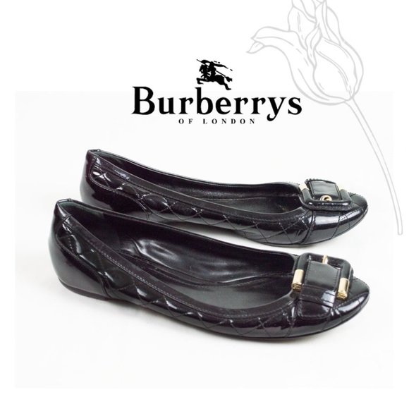 BURBERRY Vintage Black Patent Quilted Buckle Flats - Picture 1 of 11